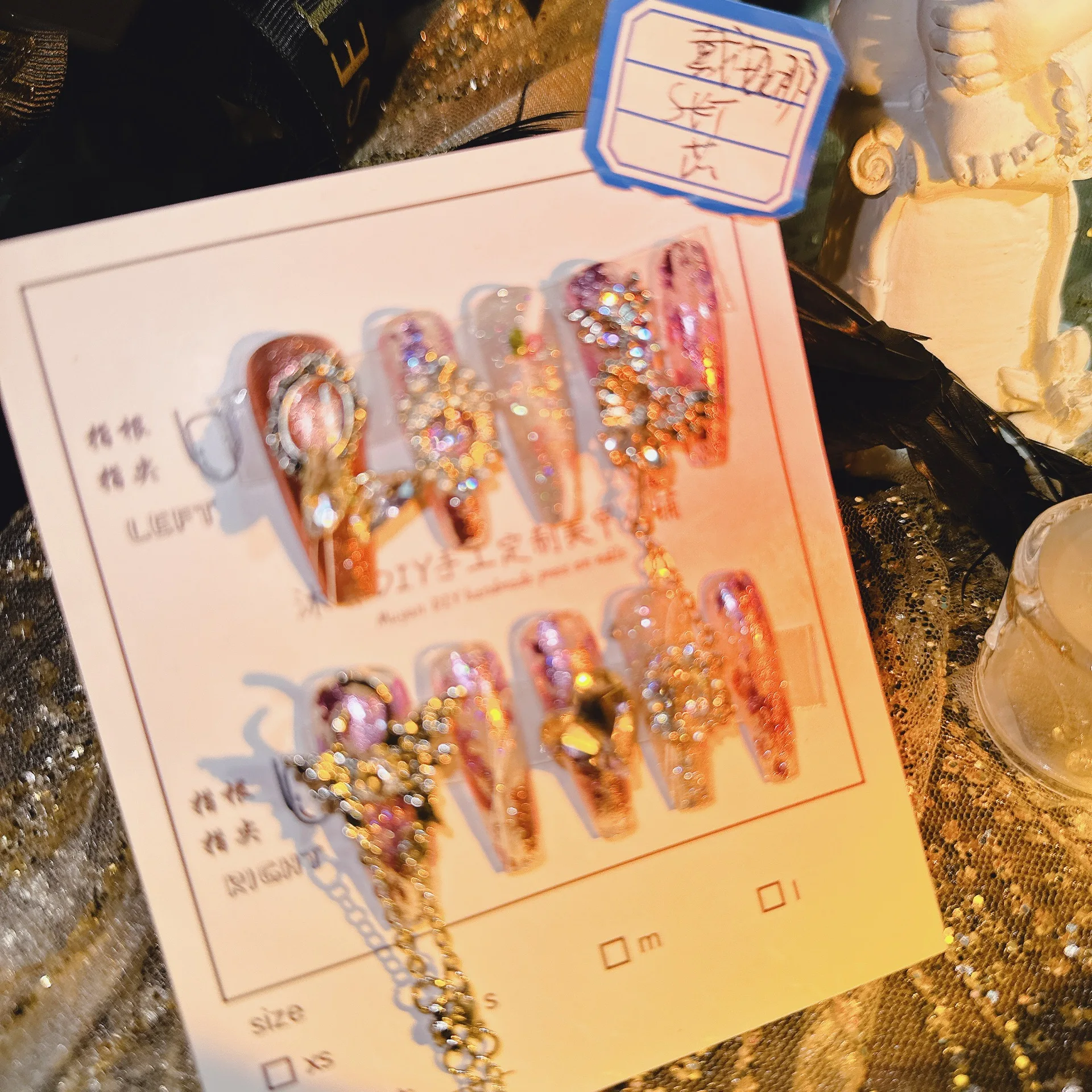 Uñas Postizas de Gel con Diseño de Ángel de Amatista, Extra Largas, Estilo Stiletto, Translúcidas, con Purpurina Morada, Cristal, Perla, Resistentes, Hechas a Mano, Oscuras