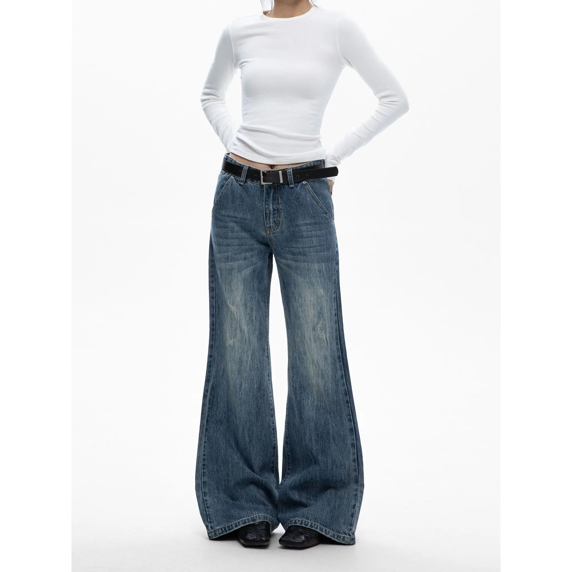 

Свободные джинсы прямого кроя Chant2nd в американском ретро-стиле, из выстиранного денима, расклешенные, удлиненные, повседневные брюки с эффектом похудения