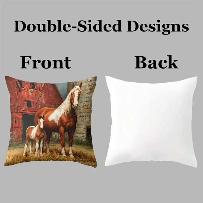 Rustic Farmhouse Equestrian Horse Pillowcase Set 4 Pieces Barn Country Decor Cushion Cover Print Western Farm Style 40x40cm