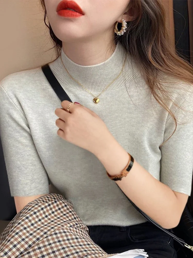 AOSSVIAO 2025 jersey básico liso de cuello alto para mujer, suéter tejido para mujer, suéter ajustado de manga corta