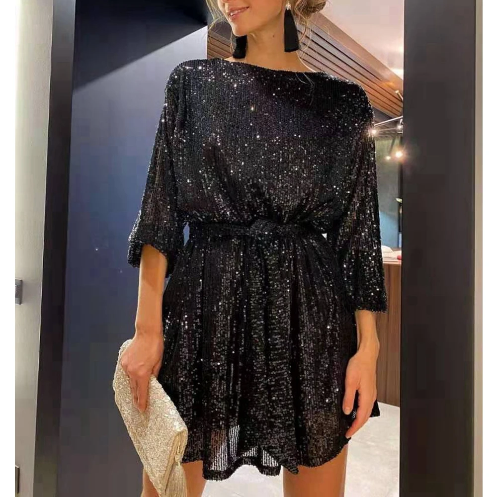 

Women Elegant Party Sequin Glitter Long Sleeve A Line Midi Dress with Belt Female Slim Evening Gowns Sexy Night Club Short Dress