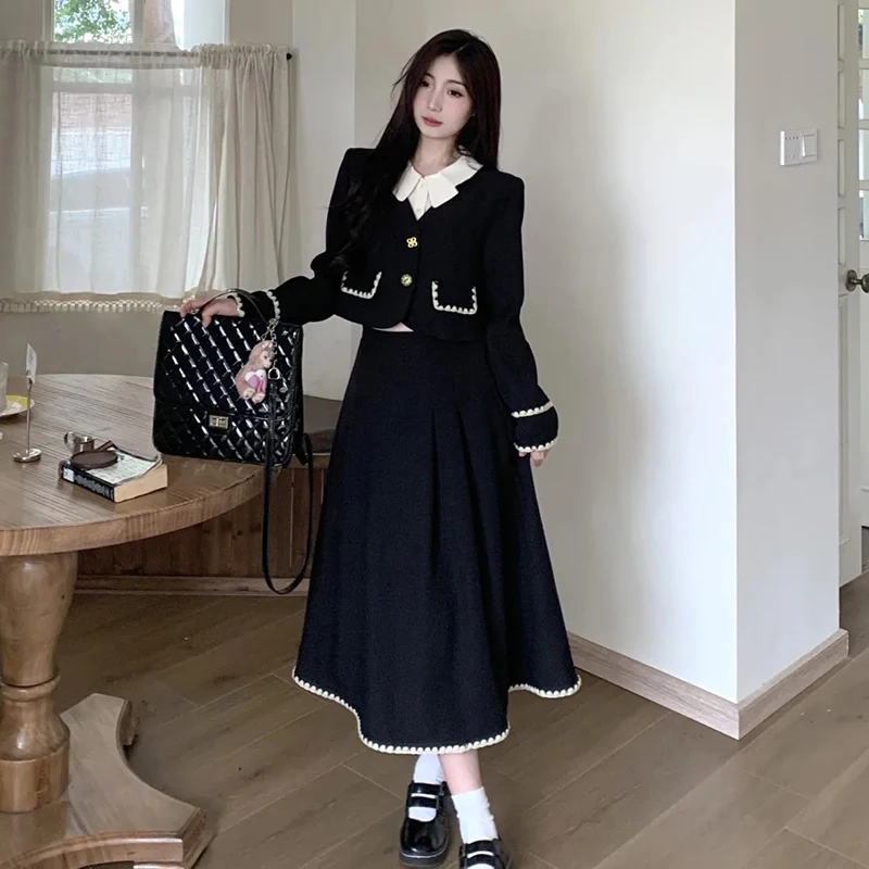 French Two-Piece Set Women Black Single Breasted Cropped Long Sleeve Coat Elegant Sweet Pretty Style Skirt Set Fashion Suits