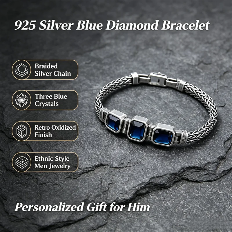 OUYADI Niche Design S925 Silver Braided Bracelet Vintage Blue Gem Ethnic Style Men Festival Jewelry Gift 