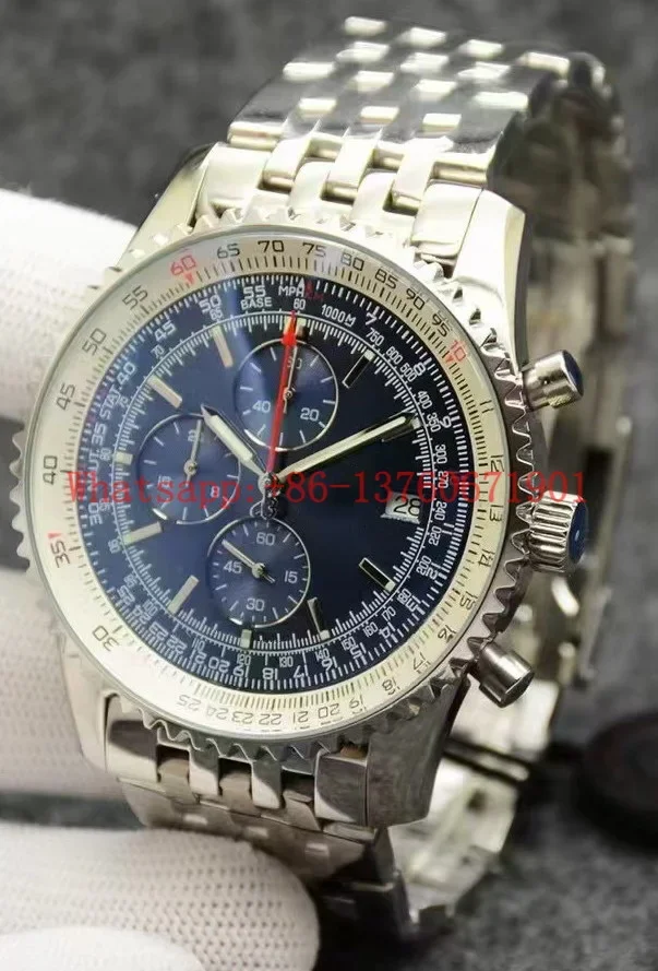 Luxury New Mens Quartz Chronograph Watch Stainless Steel Black Blue Rubber Leather Sapphire Wristwatches