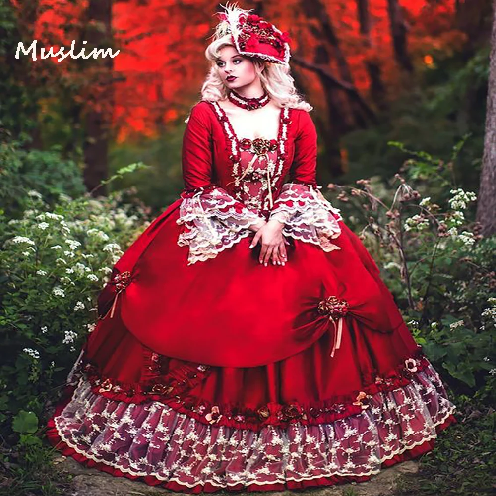 Gaun Quinceanera Merah Abad Pertengahan Antik dengan Motif Bunga Gaun Pesta Lengan Panjang Gaun Prom Gotik Renaisans Jubah Topeng Mariee