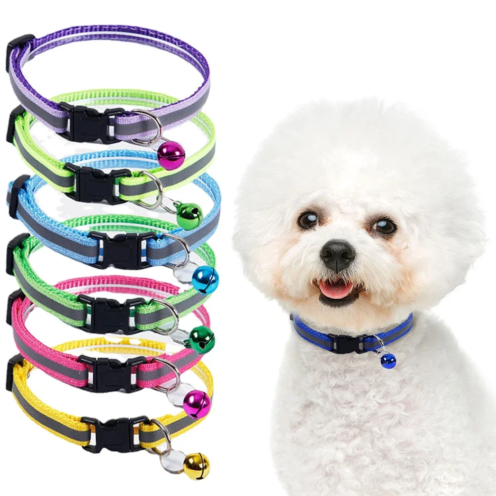 

50PC Pet Dog Cat Adjustable Collar Pet Reflective Patch Collar Puppy Buckle Reflective Dog Collar with Bell Collars Pet Supplies