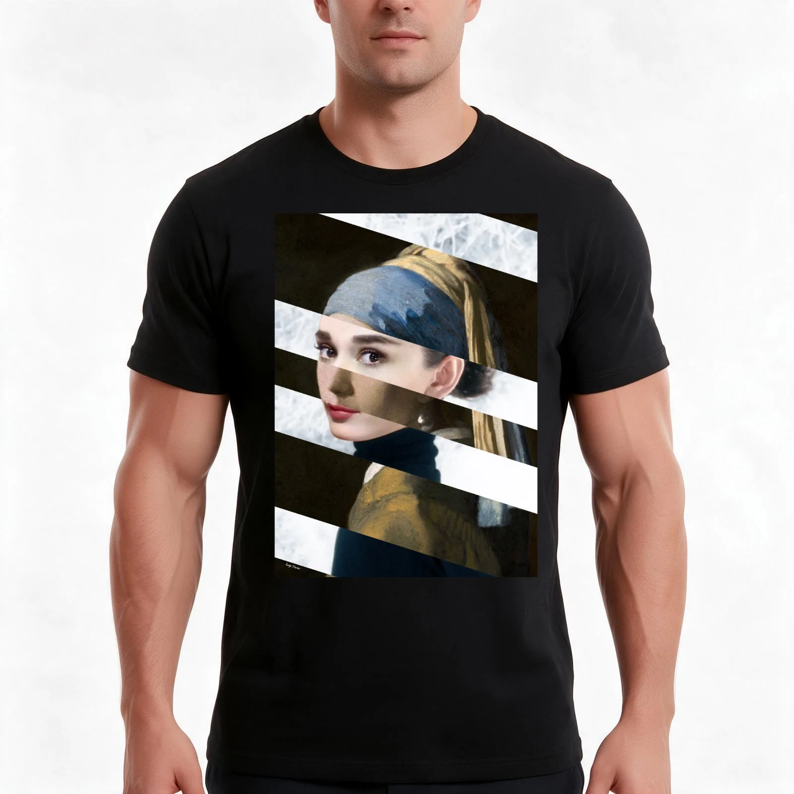 Poster Vermeer's Girl with a Pearl Earring & Audrey Hepburn T-Shirt, Summer Casual Cotton Tee, Oversized Streetwear Tops