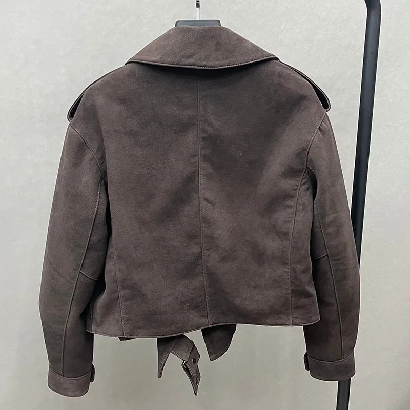 2023 Custom Bulk Order Lady Fashion Kid Suede Jacket Genuine Sheepskin Oversize Leather Coat Streetwear Moto Biker Clothing S754