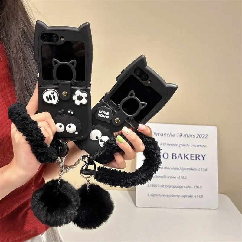 Cartoon Black Phone Case for Samsung Galaxy Z Flip 6 5 4 3 Protective Back Cover for ZFlip4 ZFlip5 ZFlip6 Case