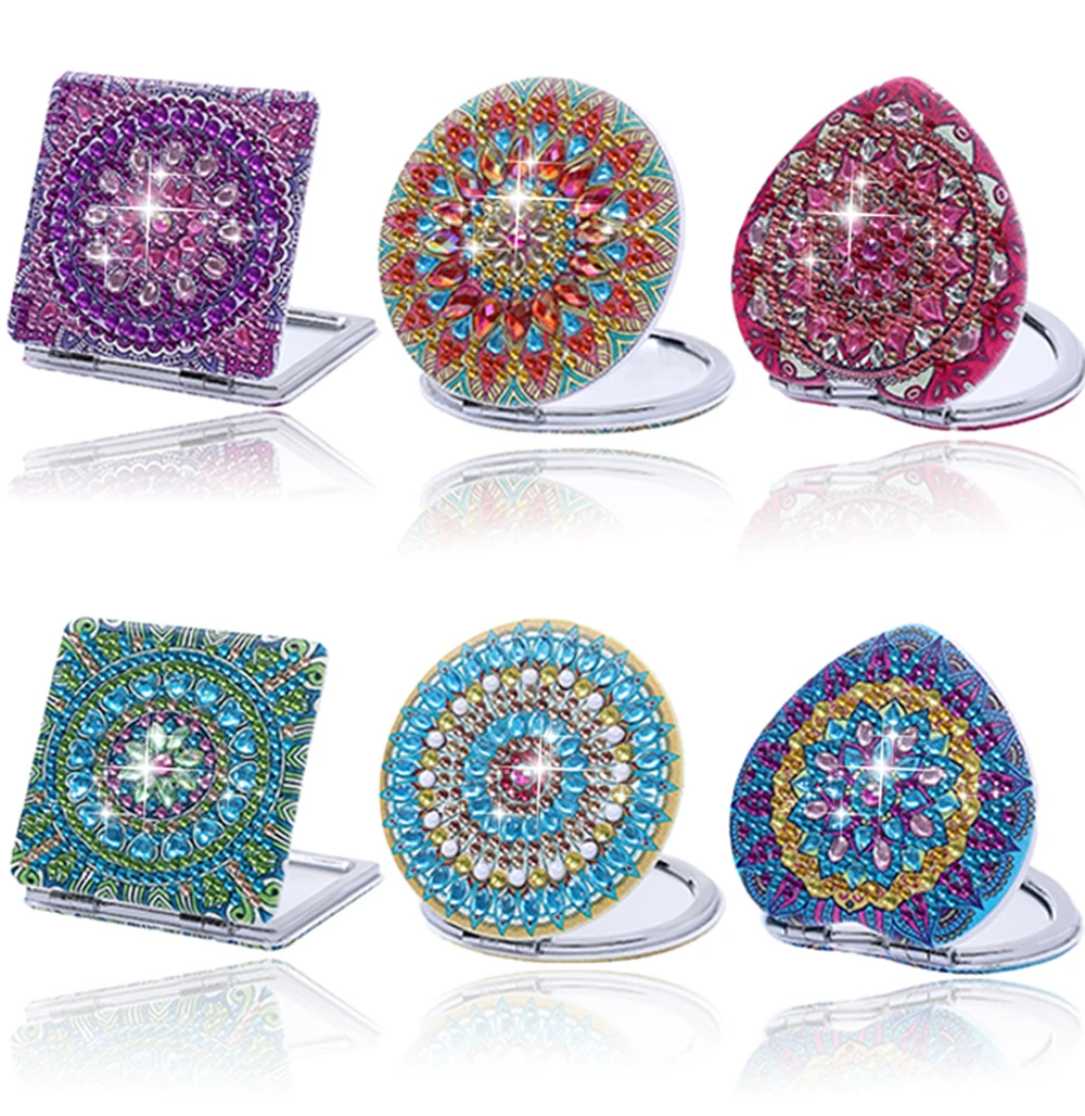 1pc/Set DIY Mandala Diamond Art Compact Mirror Leather Portable Folding Mirror Kit Diamond Painting Pocket Mirror for Adults