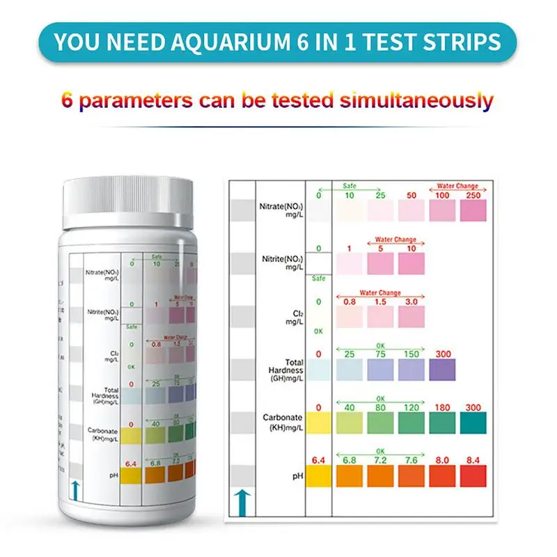 100pcs Nitrite Nitrate Chlorine PH Tester Strips 6-in-1 Aquarium Fish Tank Water Quality Test Strip Kit Water Tester Paper