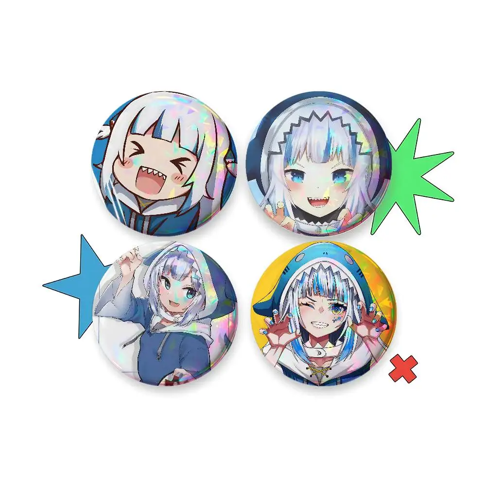 Anime G-Gawr Gura For Badge Custom Laser Hologram Enamel Pin Badge Metal Lapel Brooch For Clothes Bag Accessory Gift