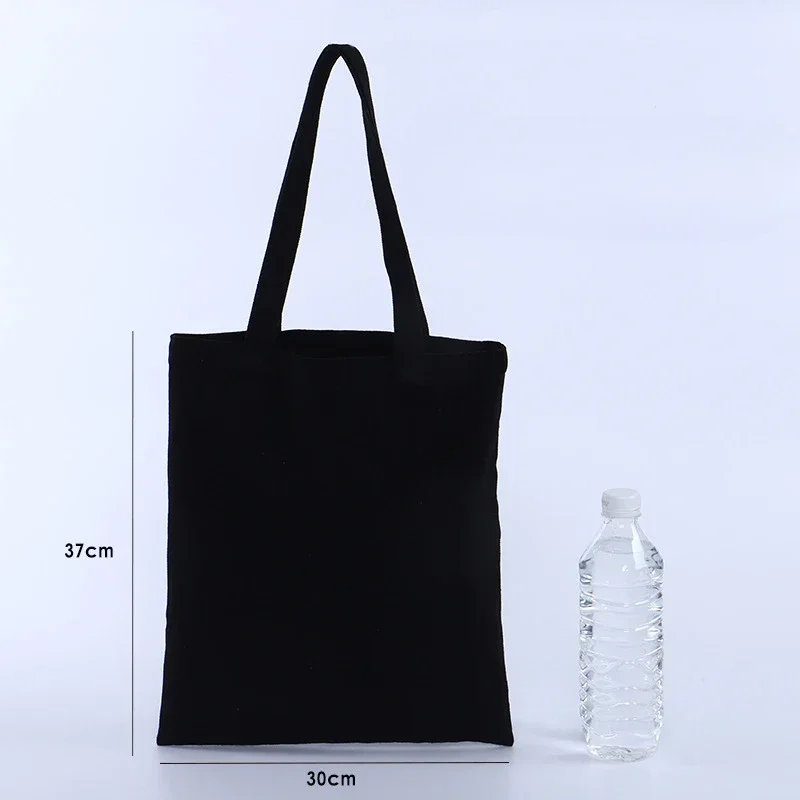 Large Capacity Canvas Shoulder Handbag Folding Eco-Friendly Cotton Tote Bags Reusable DIY Shoulder Bag Grocery Bag Beige Black