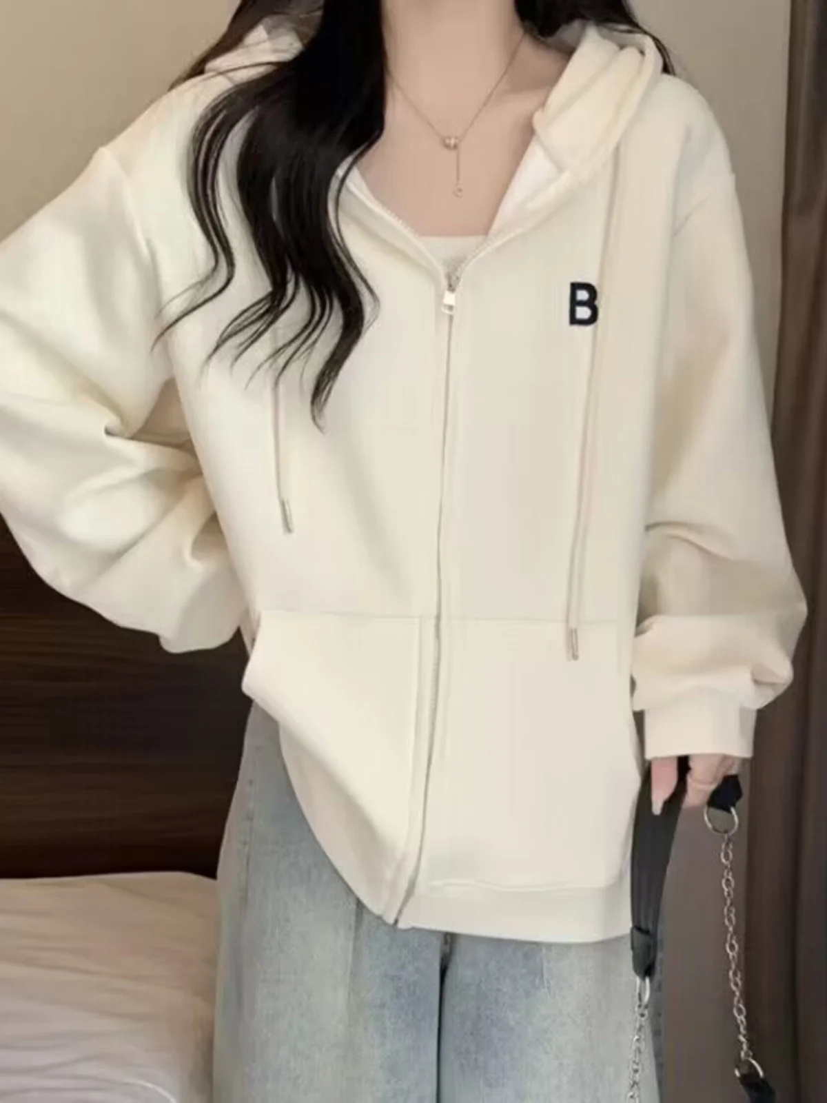 

Trendy Open Cardigan Hoodie Women's Spring Autumn Loose Slimming Student Thin Outerwear Top Korean Sle Polyester Cotton