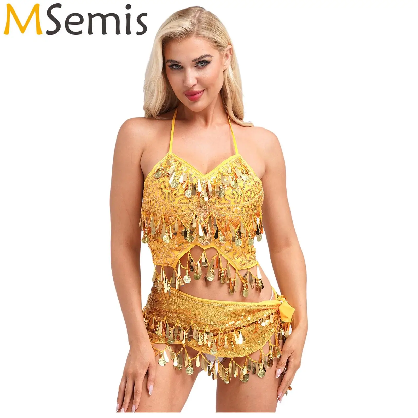 Womens Indian Belly Dance Performance Outfit Dancewear Sequin Camisole Crop Top with Plastic Beads Tassels Waist Chain Hip Scarf