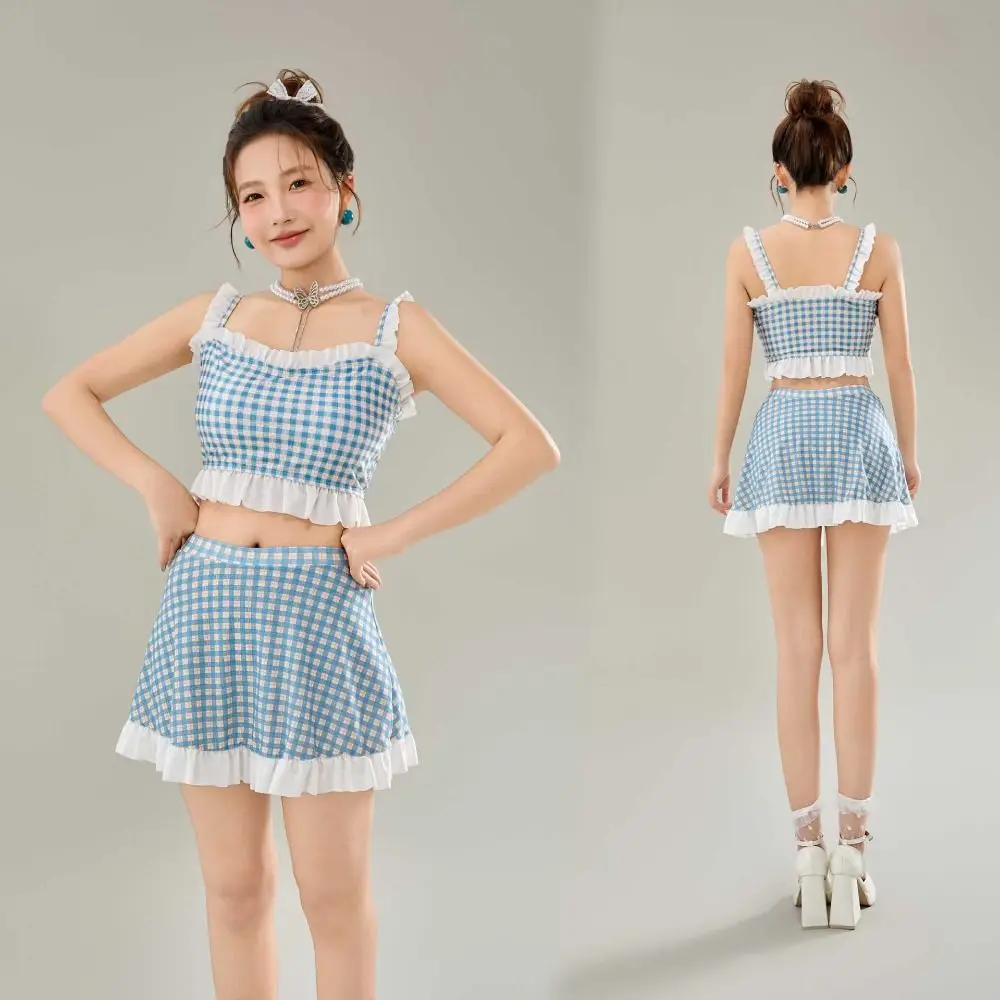 

Купальник в полоску с рюшами по краям, костюм из двух предметов, пляжная одежда, юбка, купальный костюм, милая горячая весенняя одежда, купальный костюм, комплект бикини