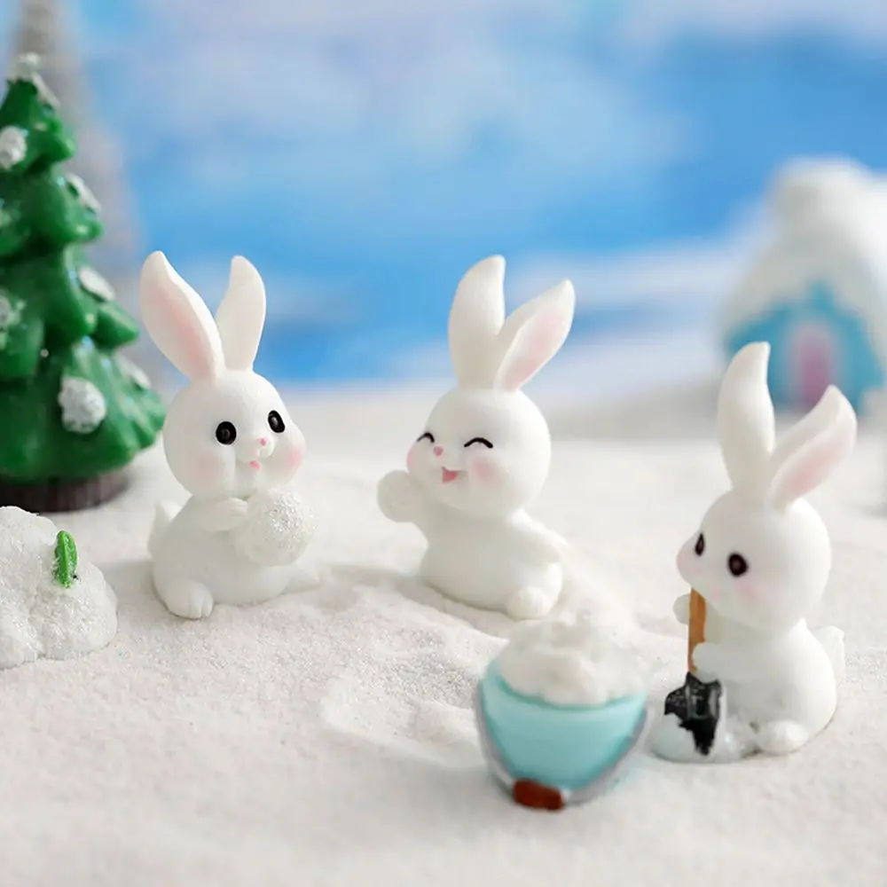 Cute Garden Ornament Desktop Miniature Snow Scene Rabbit Figurine Micro Landscaping Snowman Bunny