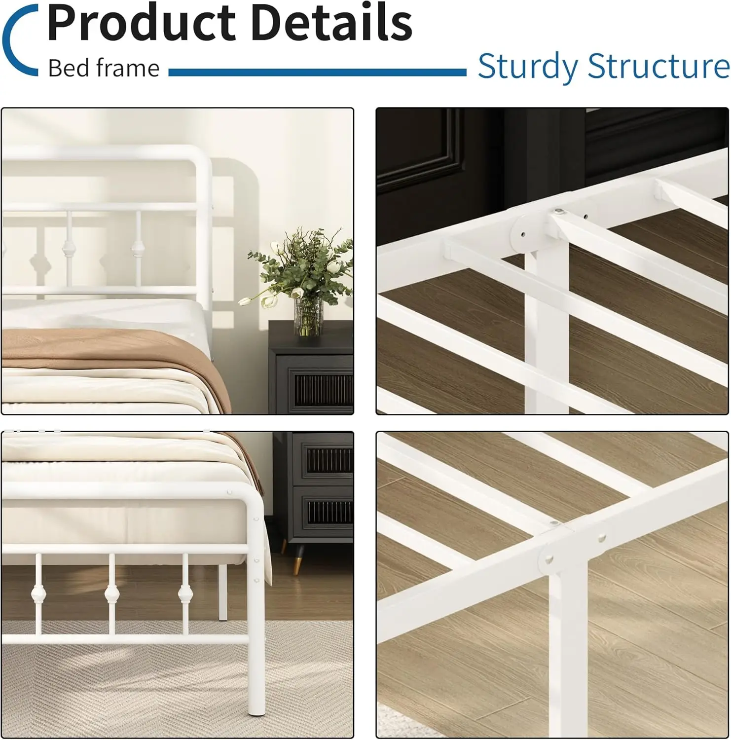 

16 H White Twin Xl Bed Frames With Headboard And Footboard, Classic Metal Platform No Box Spring Ned Heavy Duty Victorian Style