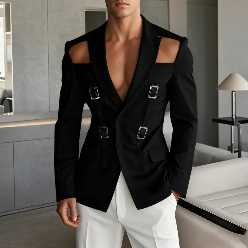 WVGA Spring Autumn New Man Tide Hollow Out Metal Buckle Trendy Long Sleeved Blazer Niche Chic Casual Suit Jackets Ins Y2K W13695