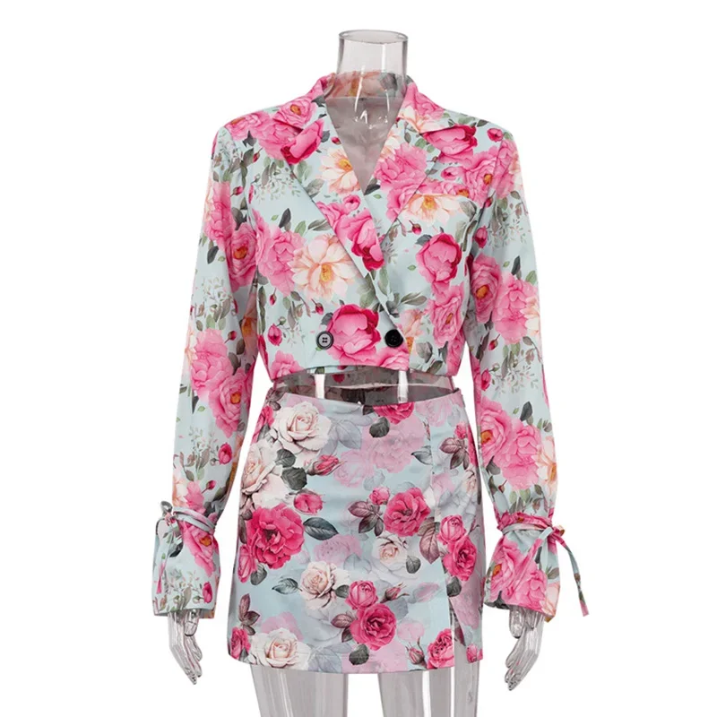 Printed Fashion Skirt Set Female Lapel Long Sleeve Short Cardigan High Waist Mini Skirt Two Piece Set Commuting Elegant