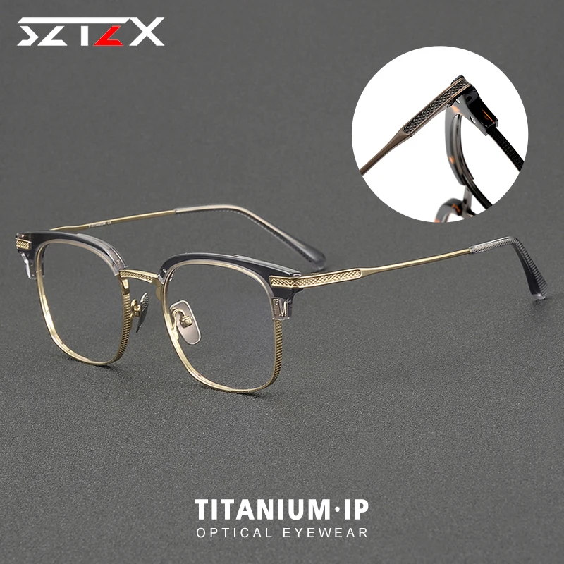 

SZTZX Designer Square Pure Titanium Acetate Frame Luxury Anti Blue Light Myopia Eyewear Can be Customized Prescription For Men