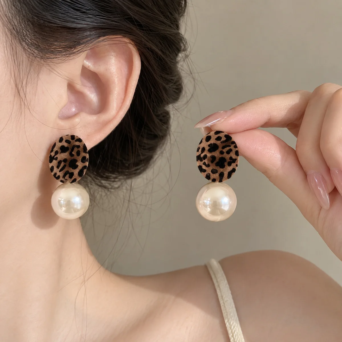 Earrings Maillard Oval Leopard Faux Pearl Velvet Geometric Long Brown Women Fall Winter Vintage Party Daily Gift Lightweight