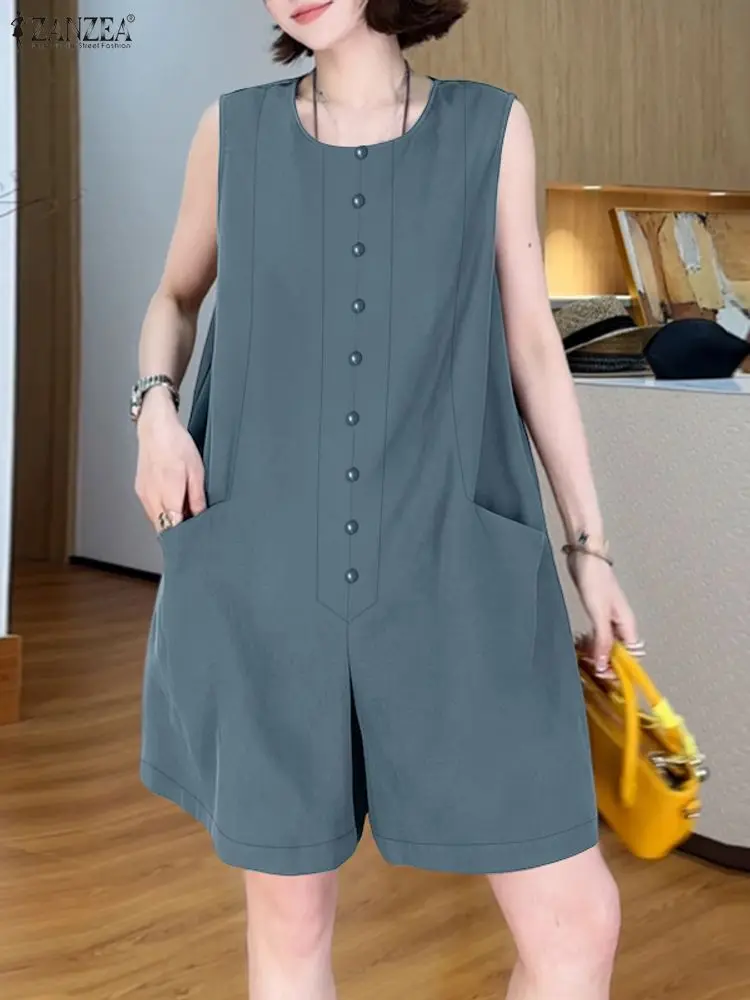

ZANZEA Casual Loose Womens Rompers 2025 Summer O-Neck Sleeveless Button Up Wide-Leg Pants Playsuits Overalls Everyday Wear 3XL