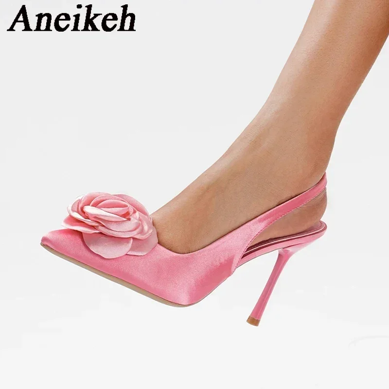 Aneikeh Commuting Fashionable Sexy Pointed Flower Decorative Heel Shoes Women's Shallow Mouth Banquet Shoes Wedding Shoes Bride