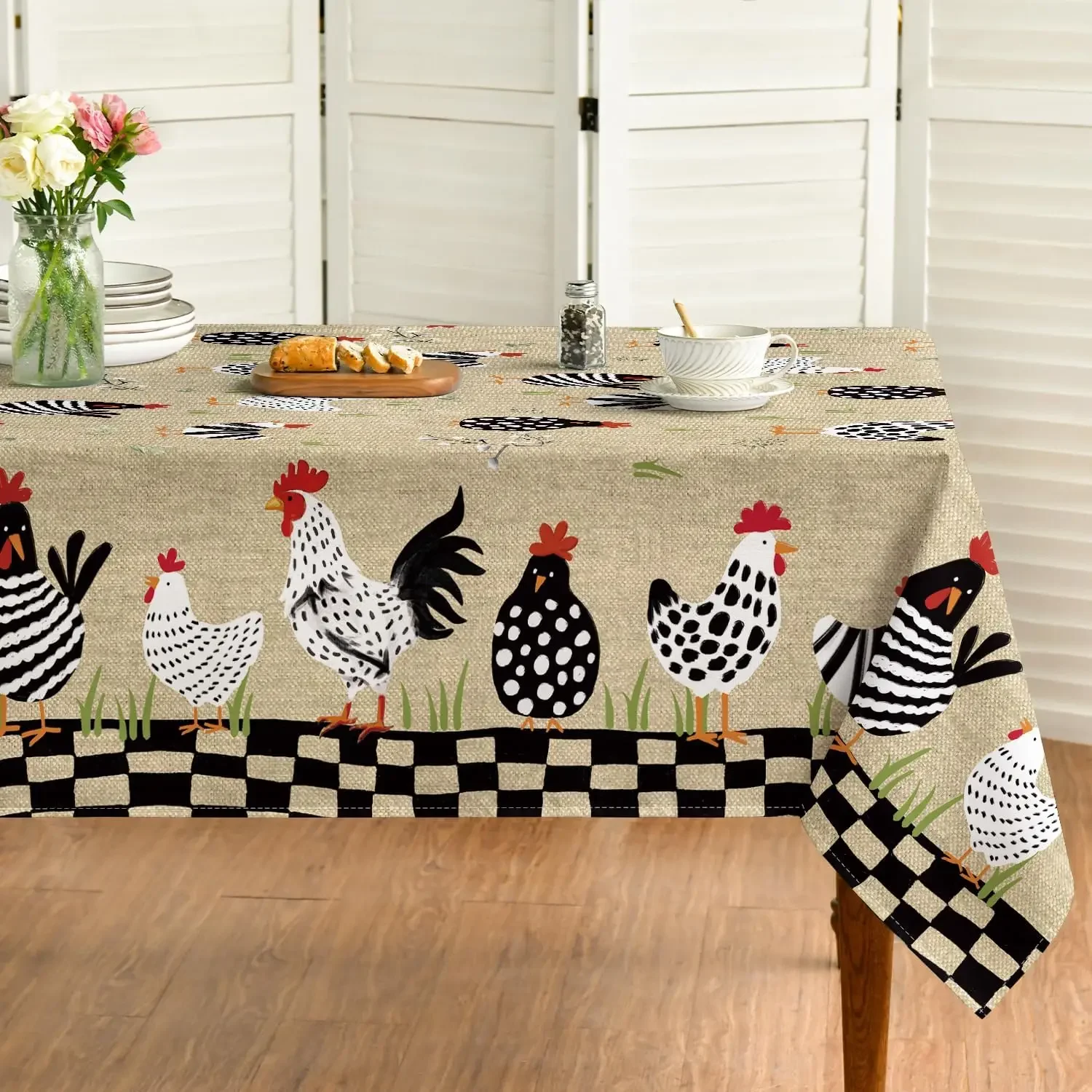 1pc Rustic Tablecloth Black White Chicken Print Table Cover For Kitchen Dining Room Decorative Dustproof Rectangular Cloth