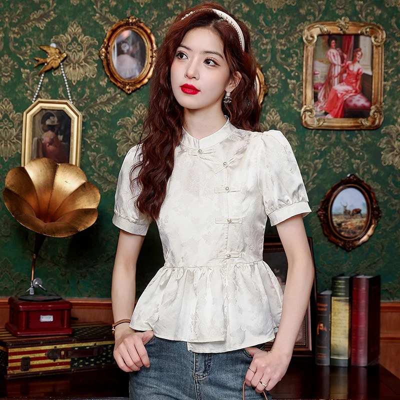 

New Chinese Style Embroidered Button Waist Cinched Short Sleeve Shirt Women Summer Elegant Slim Fit Shirt Top Stand Collar