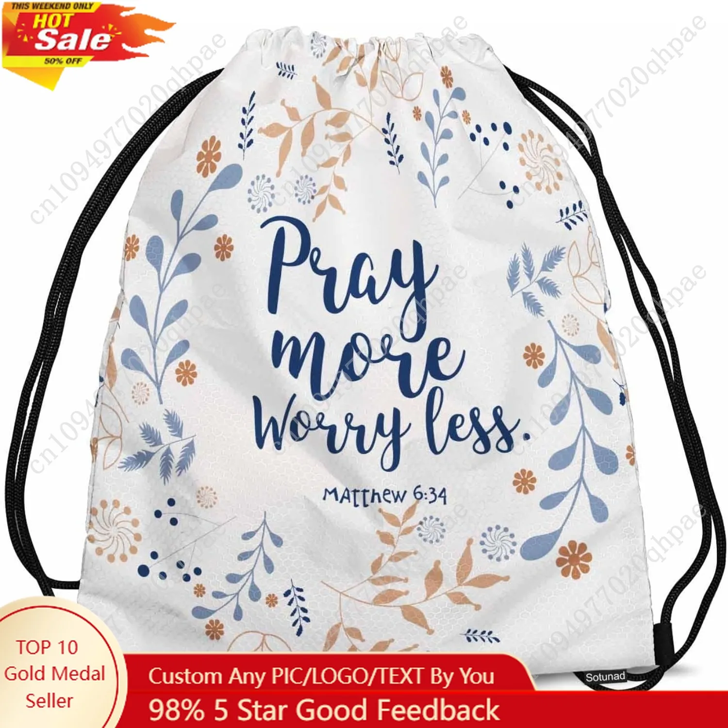 

Drawstring Backpack Gym Backpack Bible Quote Lightweight Waterproof Pray More Worryless Flower Wreath Long Branch Dandelion 14x1