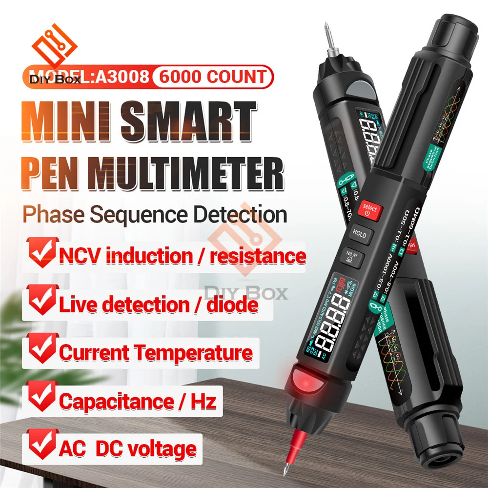 A3008 Pen Multimeter 6000 Counts Digital Multimeter Meter Tester Backlight Flashlight NCV Auto-off Multiple Accessories