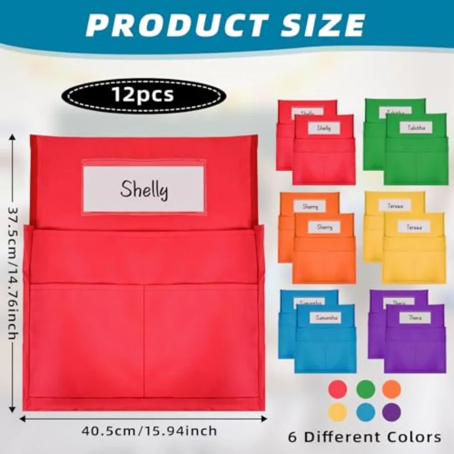 12 Pcs Classroom Chair Pockets, 15.9 x14.8 inch Chair Pockets for Classroom, 6 Bright Color Seat Sacks for Classroom Chairs, Bu