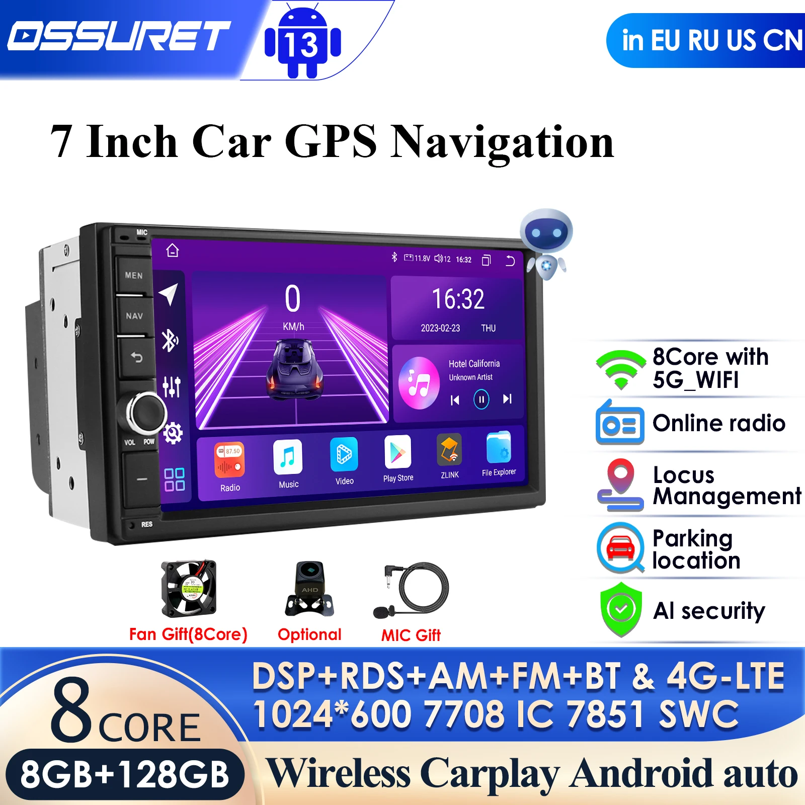 2 Din 7\'\'Octa Core Universal Android 14 4GB RAM 64G ROM Car Radio Stereo GPS Navigation WiFi 1024*600 Touch Screen 2din Car PC