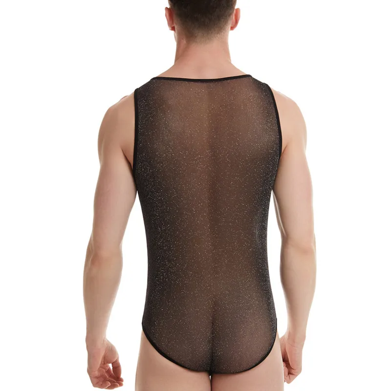 Men Tight Undershirt Transparent Mesh Vest Sexy Gay Underwear Male Condole Belt Tank Tops Jumpsuit Pajamas