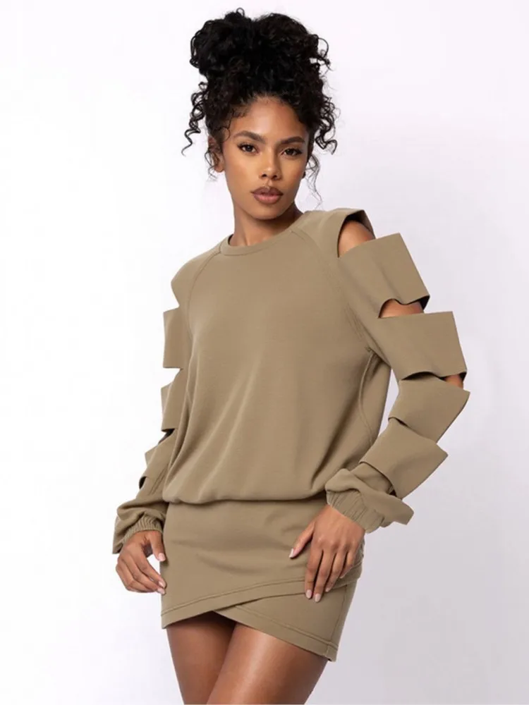 

Solid Color New In Matching Sets 2 Pieces Set For Woman Two Piece Outfits Woman Truncated Hollow Sleeves Tops Cross Skirt Casual