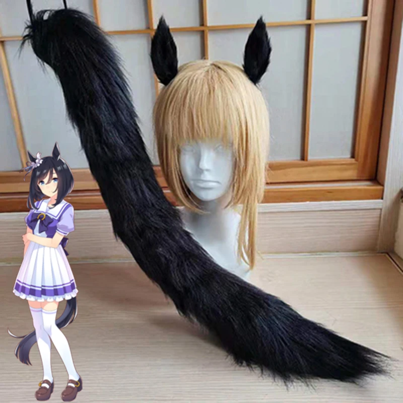 

Anime Pretty Derby Eishin Flash Black long Tail Ear Short Wig Cosplay Accessorie Prop for Women Halloween Party Cosplay