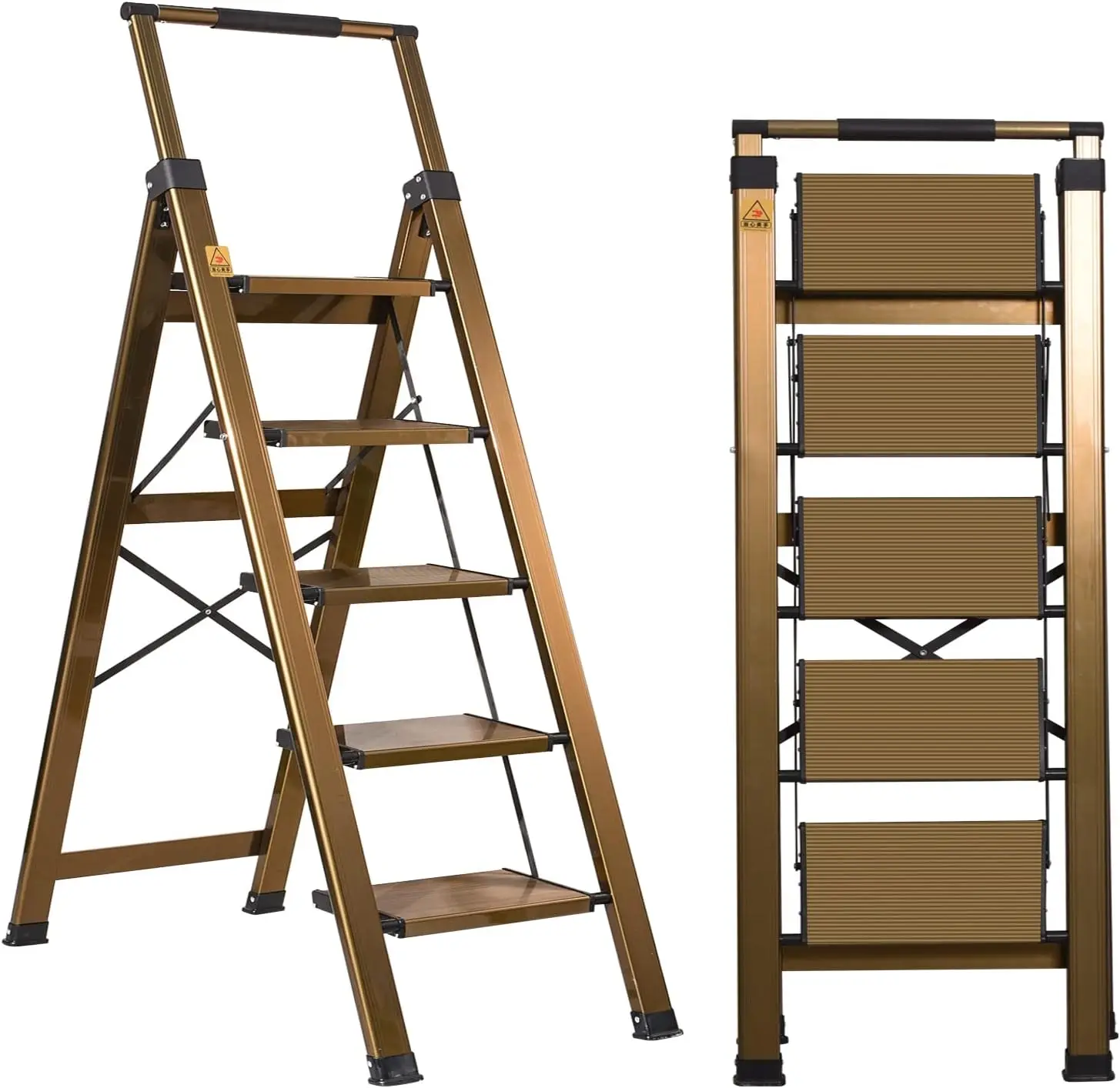 5 Step Ladder, Aluminum 5 Step Stool with Retractable Handrail and Anti-Slip Wide Pedal, Folding Stool Ladders 5 Steps, 330lbs S