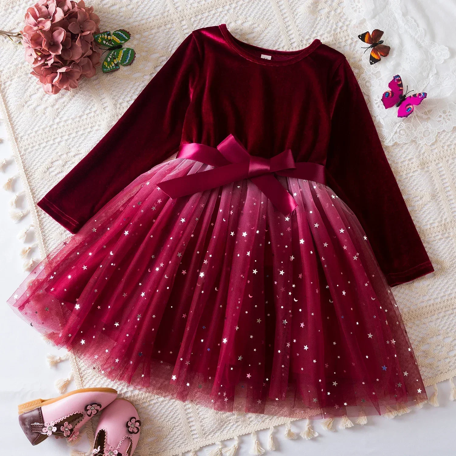 Sequins Princess Dress for Girls Autumn Winter Long Sleeve Bow Velvet Dress Baby Girl Warm Mesh Christmas Birtday Party Costumes