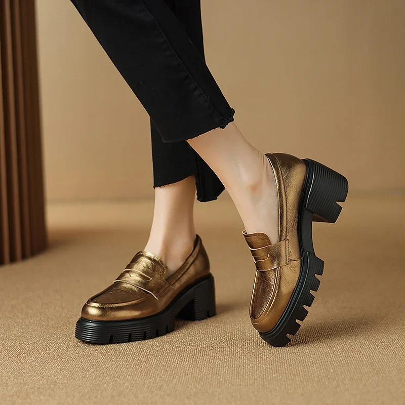 

Винтажные туфли-лодочки с круглым носком из натуральной кожи для женщин, весенне-осенние, из воловьей кожи, на толстом каблуке, лоферы без застежек, для торжественных мероприятий и работы