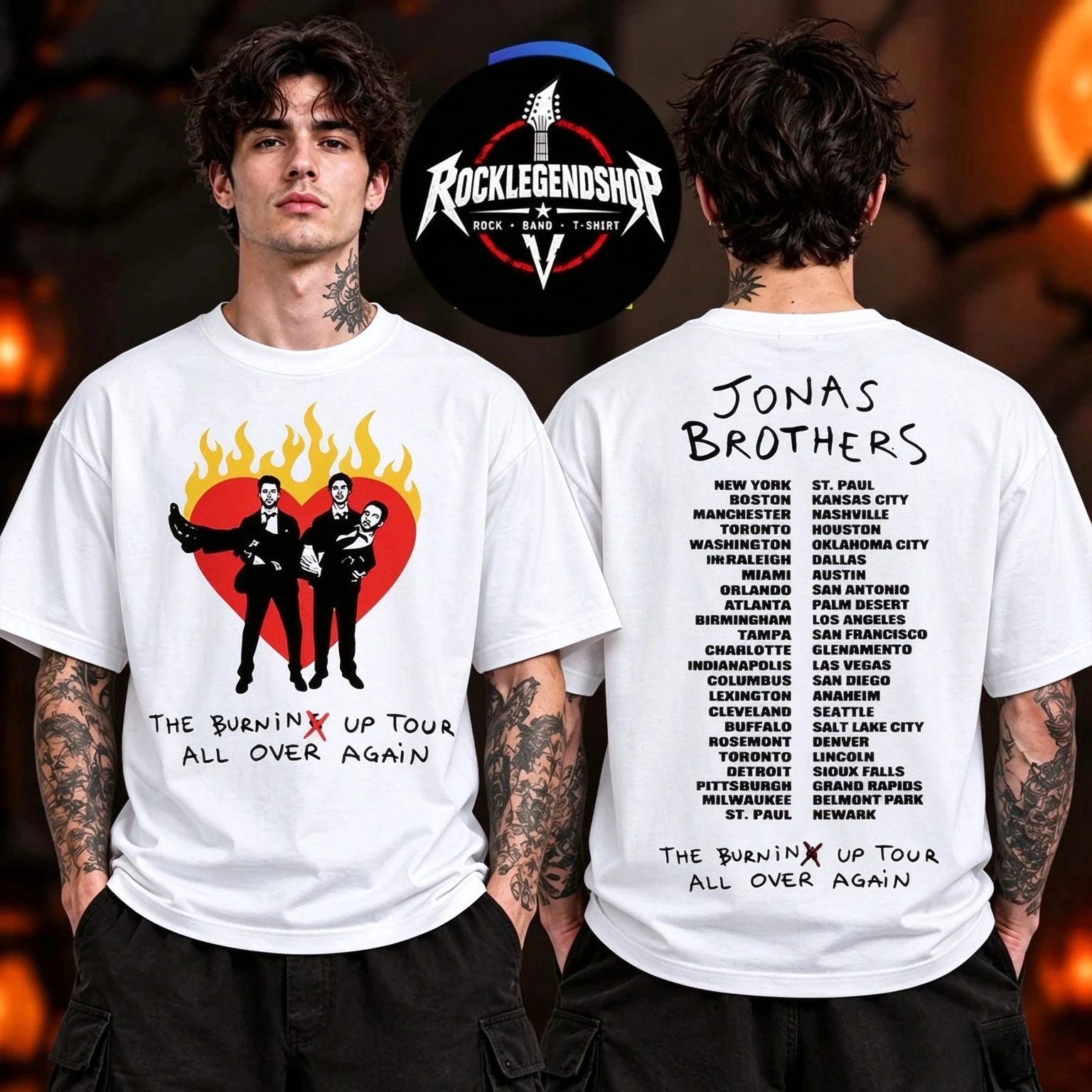 2026 Jonas Brothers The Burning Up Tour All Over Again T-shirt Sided Print Cotton Short Sleeve Pop Band Heart Flame Graphic Tee