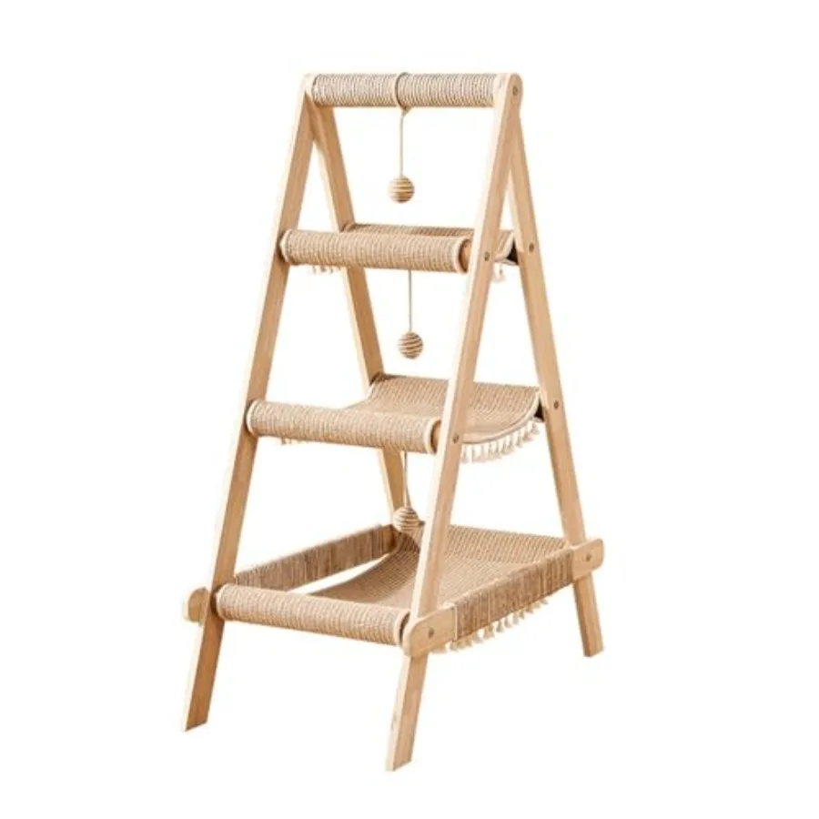 

3-Tier Modern A Frame Wooden Cat Tree Tower Ladder with Multi-Level Bed Hammock for Large Cat and Scratching Post Hanging Toy B