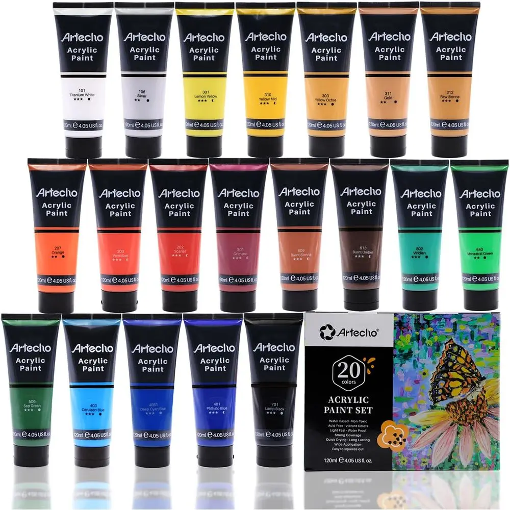 

Proional Acrylic Paint Set, 20 Primary Col(120ml / 4.05oz) Tubes, Art Crat Paints or Canvas, Rock, Stone, Wood, abric, Art Suppl