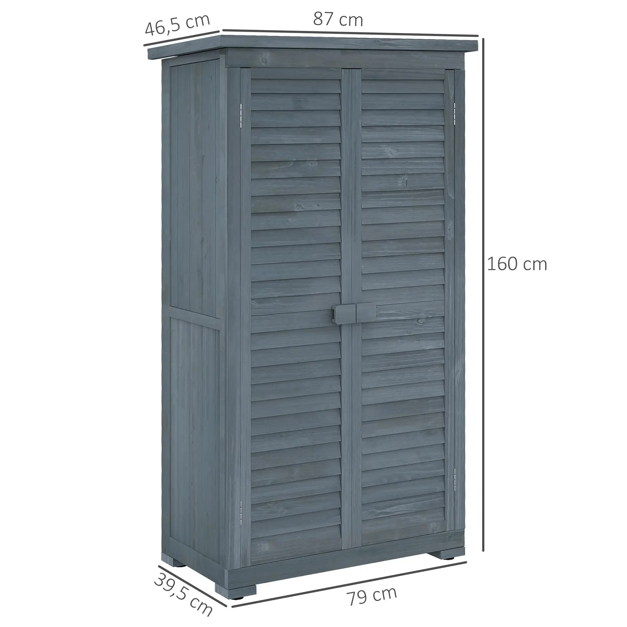 Caseta de jardín de madera de abeto gris con 2 estantes, techo de asfalto y cierre magnético, 87 × 46.5 × 160 cm