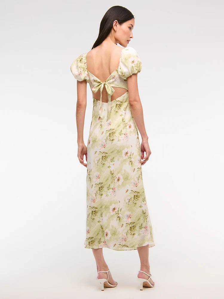 VC Elegant Floral V-Neck Midi Dress with Puff Sleeves and Back Cut-Out for a Spring Party