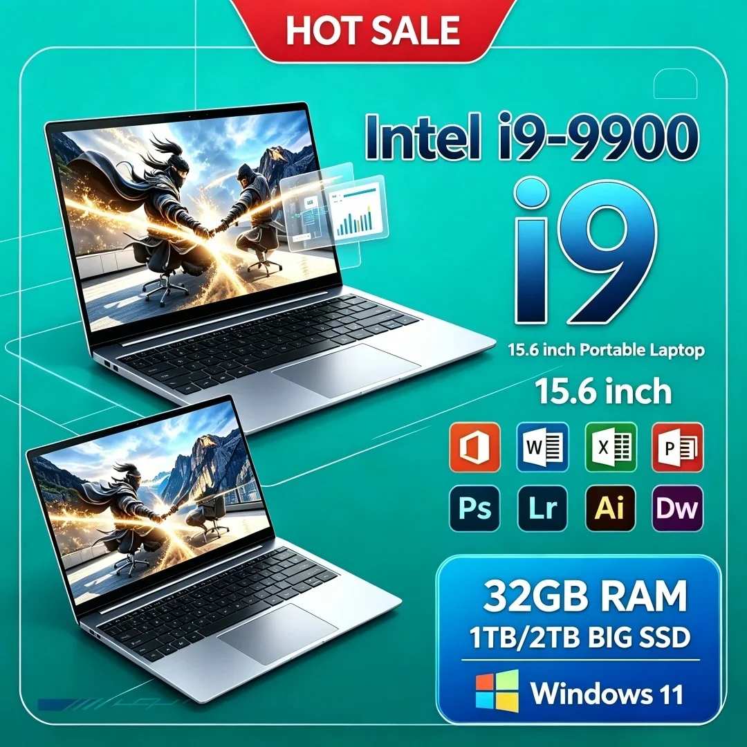 Intel I9-9900 15.6 Inch  Portable Laptop Stable Ultra Slim Laptop Office 16/32GB RAM 1/2TB BIG SSD Bright Windows11 Study