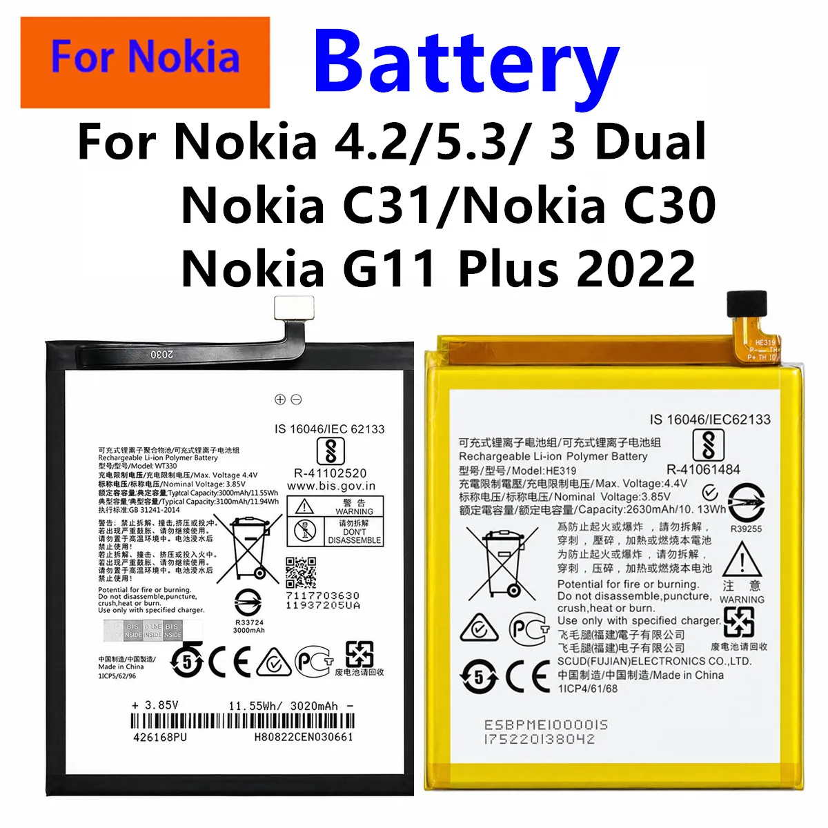 HE342 WT330 HE319 HQ610 CN110 CN450 Battery For Nokia X6 4.2/5.3/3 Dual  Nokia C30/C31/G11 Plus G21/Nokia X20 X30 NK G60 G400 5G