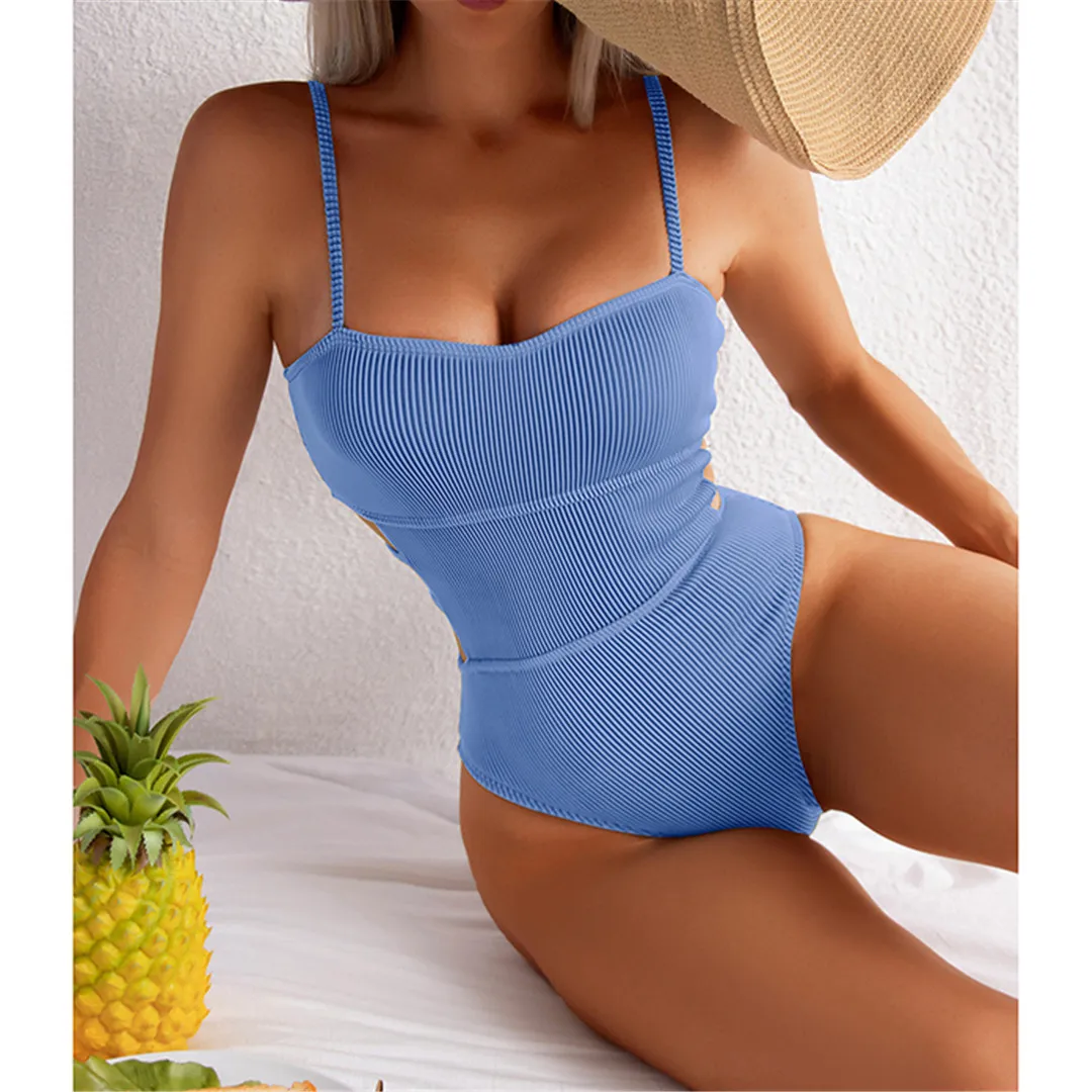 S - XL, 11 Farben, gerippter Badeanzug mit Ausschnitten, einteiliger Badeanzug für Damen, Badebekleidung für Frauen, Badeanzug mit hohem Beinausschnitt und Polsterung, Badeanzug für Damen, V3404. – Detail 35