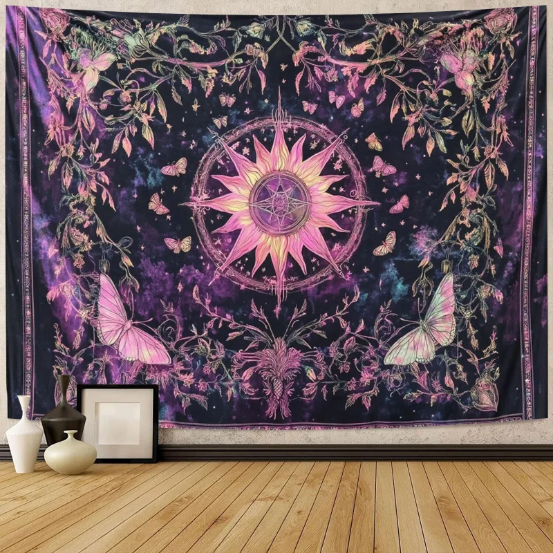 VIKAMA Sonne-Mond-Wandteppich, Traum, lila, rosa, Stern, Schmetterling, Blume, Wohnzimmer, Schlafzimmer, Wandbehang, Stoff, Heimdekoration