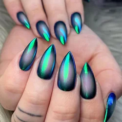 24Pcs Mid-length Stiletto Nails Art Wearable Almond Press on False Nails Black Smudge Cat's Eye Design Shiny Manicure Fake Nail